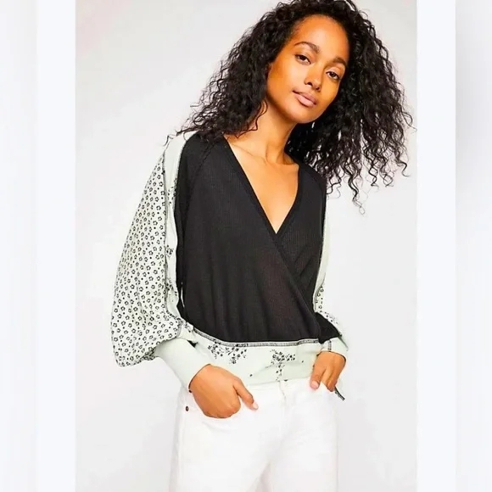Free People Black and Green Sleeve Wrap Blouse